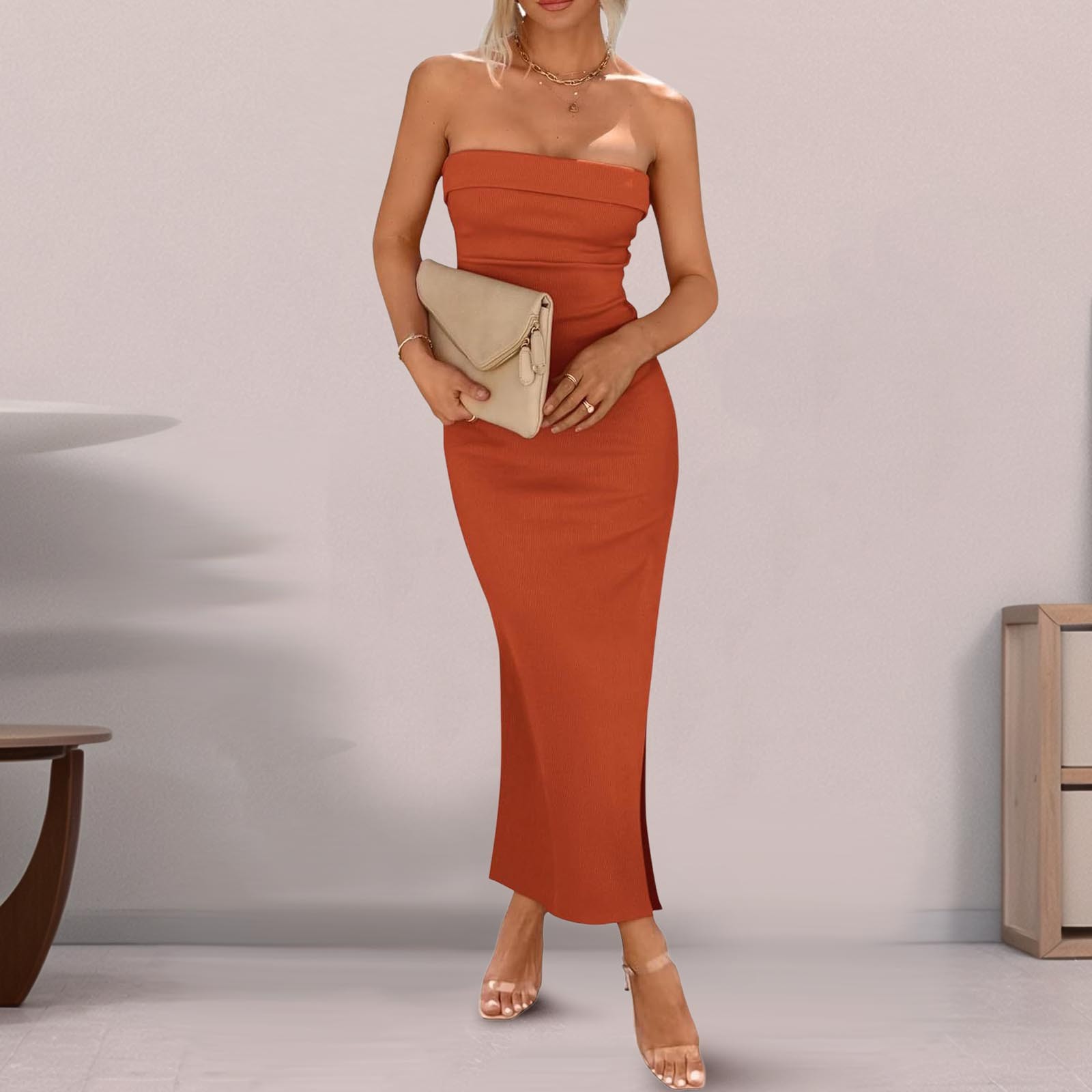 thumbnail image 2 of Vestido largo sin tirantes para mujer: elegante vestido de cóctel con abertura lateral, tejido de poliéster, vestido para invitada de boda, tallas S-XXL, contorno de pecho 73-99 cm., 2 of 5